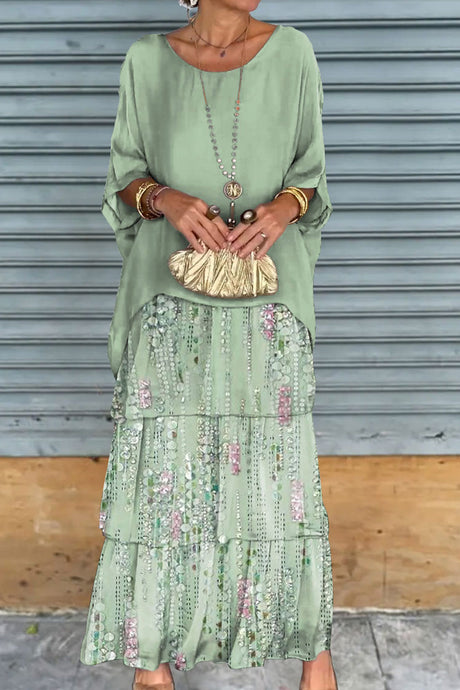 Chiffon Bat Sleeve Tops Tiered Skirt Suits
