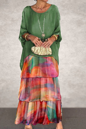 Chiffon Bat Sleeve Tops Tiered Skirt Suits