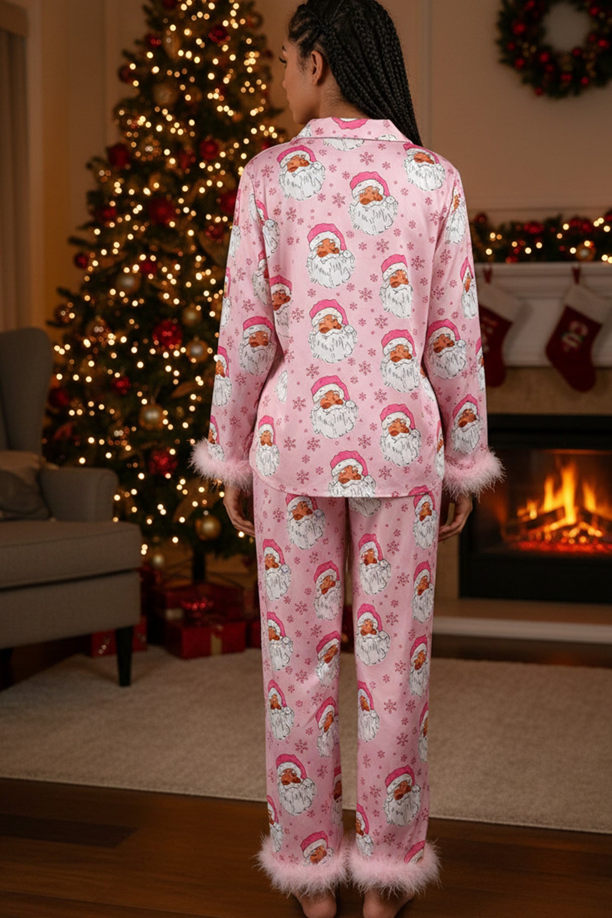 Christmas Satin Printed Fuzzy Loungwear