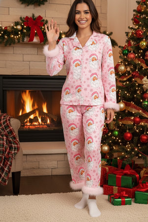Christmas Satin Printed Fuzzy Loungwear