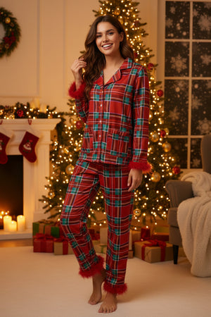 Christmas Satin Printed Fuzzy Loungwear