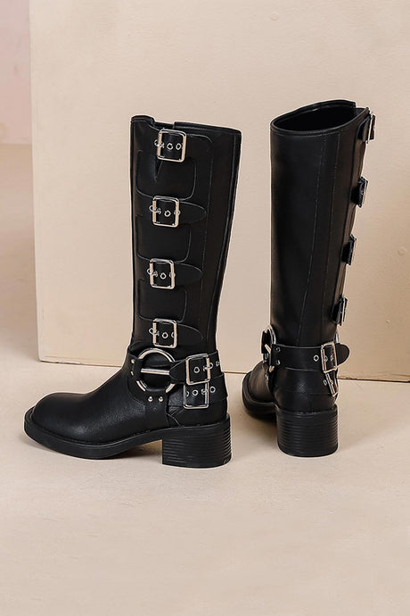 Arolora Chunky Heel Buckle Moto Boots