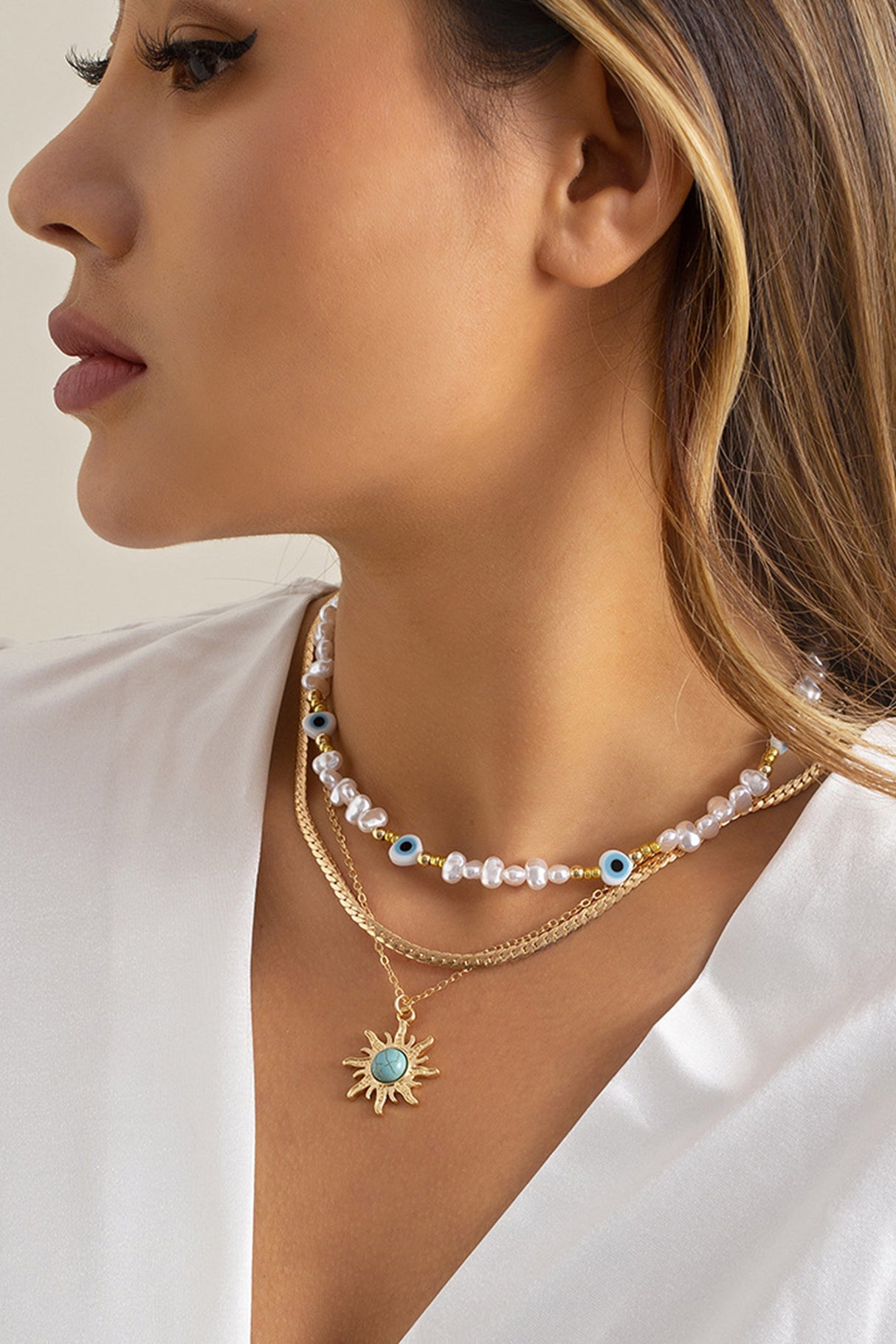 Color-blocked Eye Pearl Pendant Necklace Set