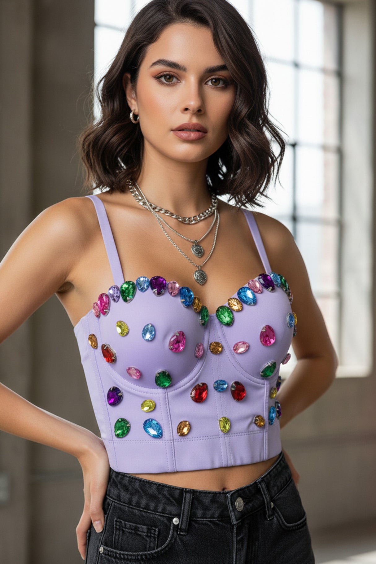 Colorful Rhinestone Corset Cami Top