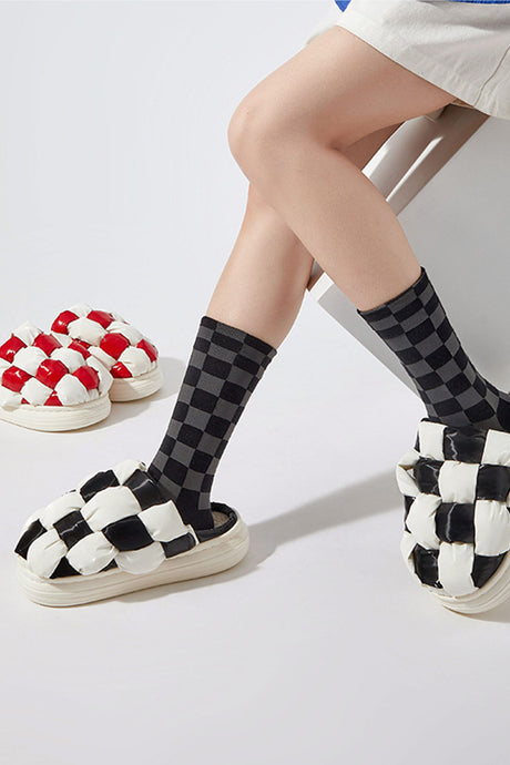 Contrast Checkerboard Plush Platform Slippers