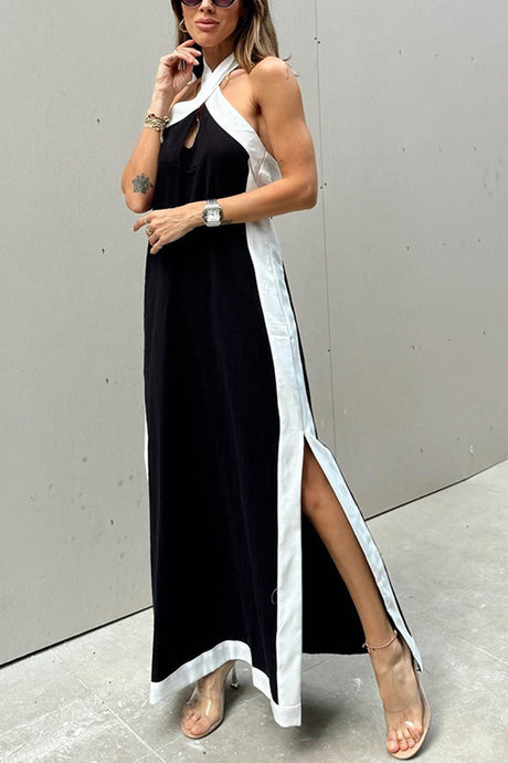 Contrast Cross Halter Neck Slit Dress