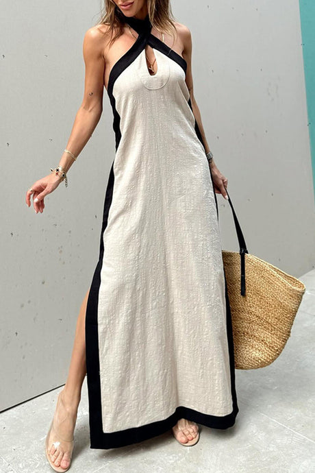 Contrast Cross Halter Neck Slit Dress