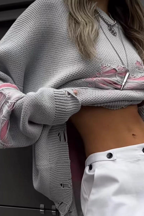 Contrast Distressed Pullover Sweater