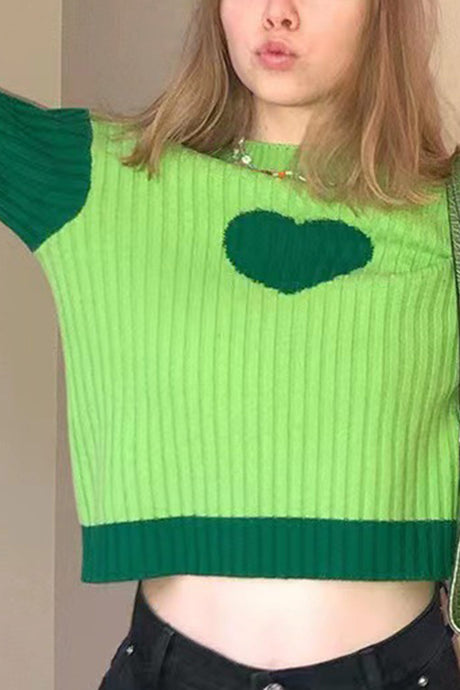 Contrast Mock Neck Heart Graphic Ribbed Knit Tops