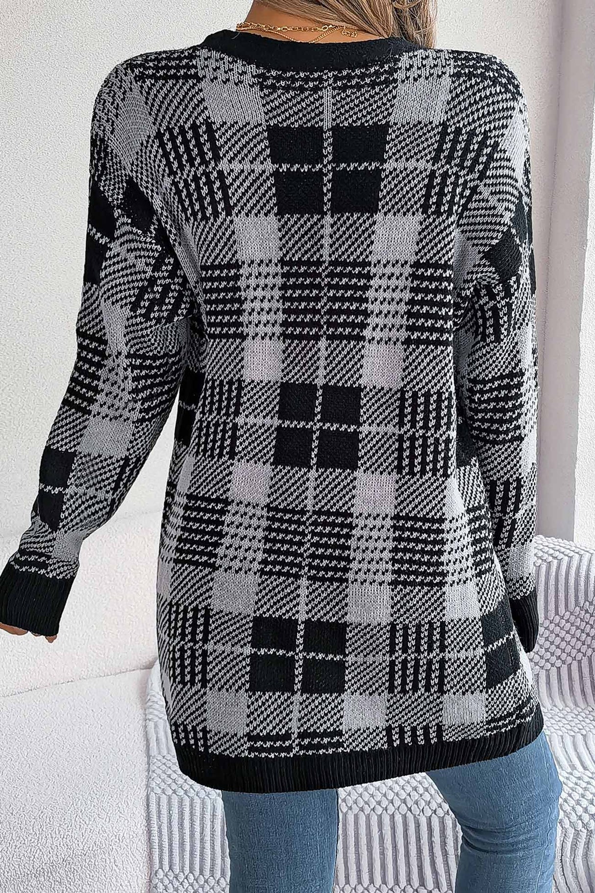 Contrast Plaid Open Front Cardigan