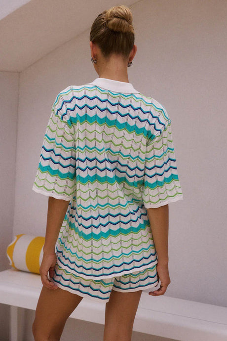 Contrast Striped Knit Cardigan Shorts Set