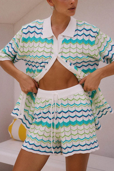 Contrast Striped Knit Cardigan Shorts Set