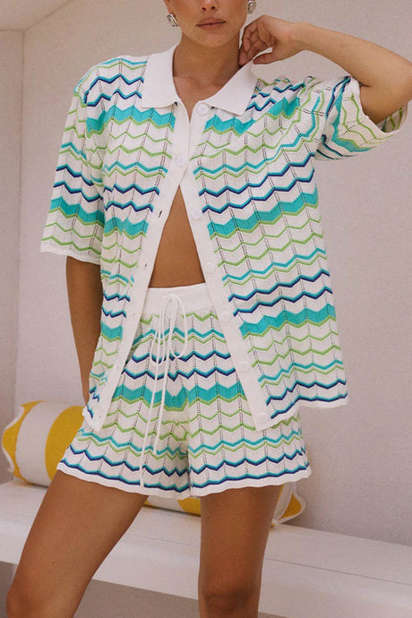 Contrast Striped Knit Cardigan Shorts Set
