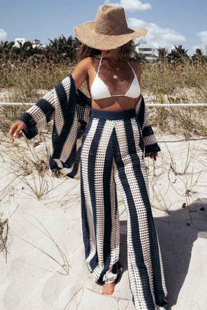 Contrast Stripe Hollow Long Pants Set