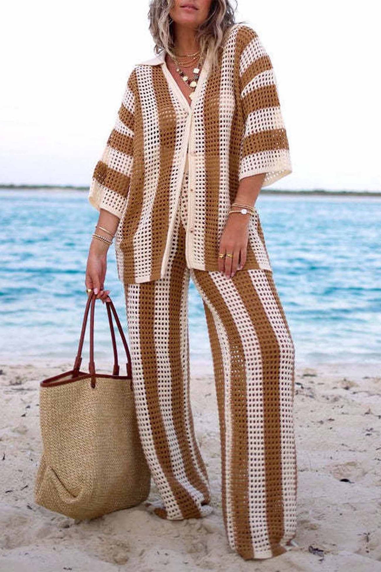 Contrast Stripe Hollow Long Pants Set