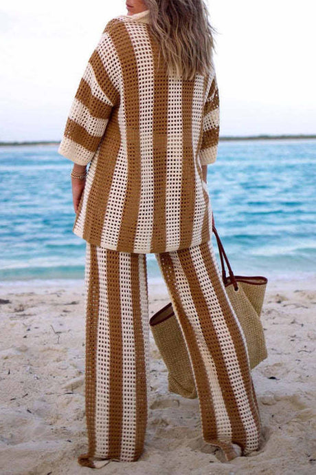 Contrast Stripe Hollow Long Pants Set