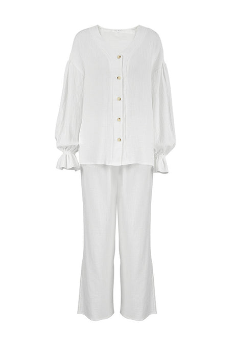 Arolora Cotton Flare Sleeve Cardigan Long Pants Set