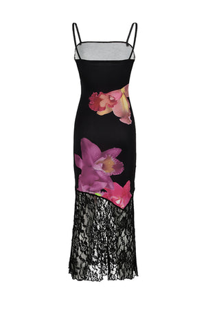 Cotton Floral Print Lace Hem Fishtail Dress