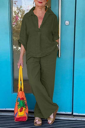 Cotton Linen Blouse Long Pants Set