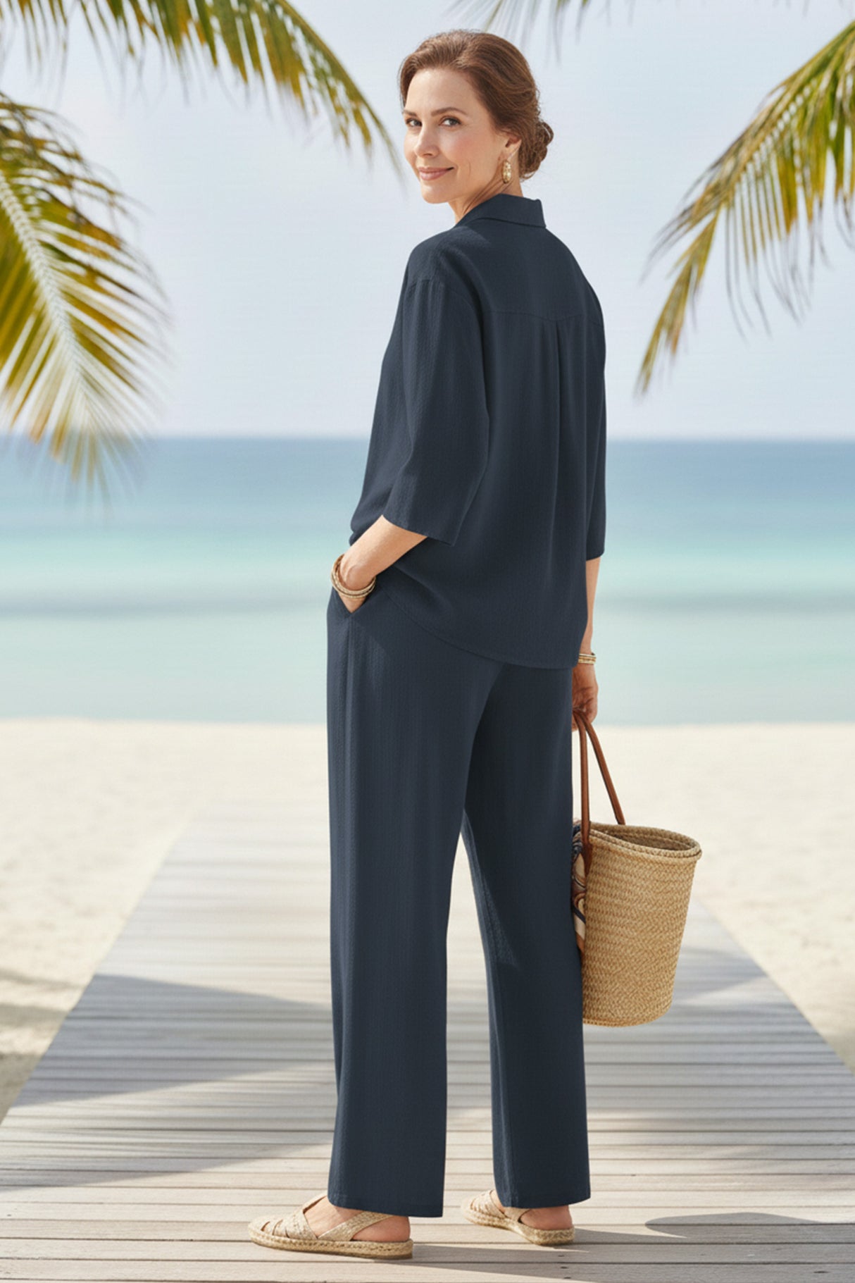 Cotton Linen Blouse Long Pants Set