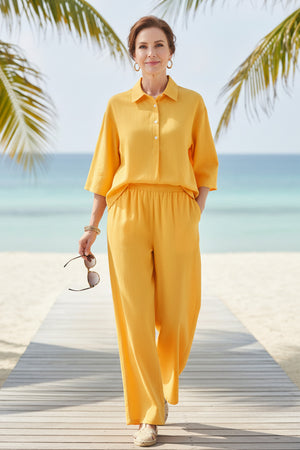 Cotton Linen Blouse Long Pants Set