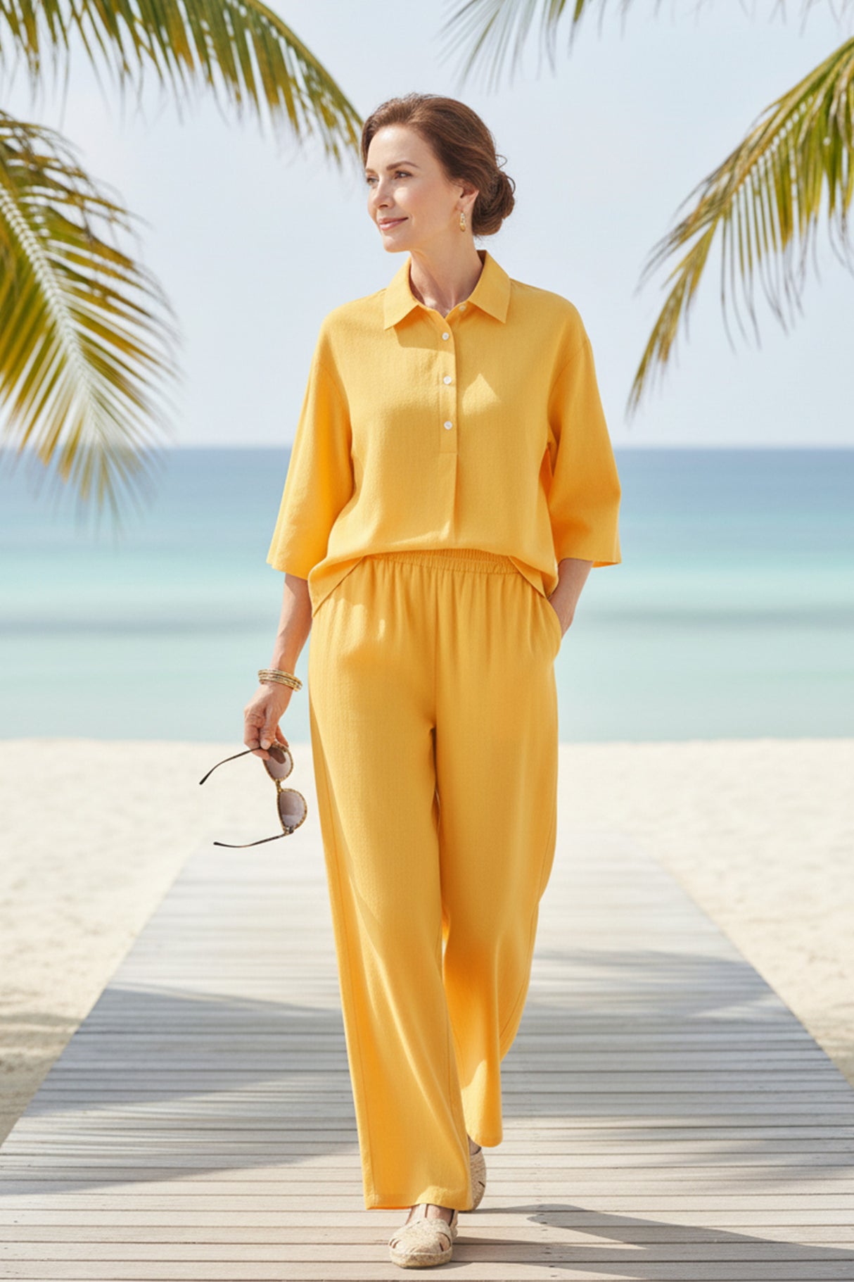 Cotton Linen Blouse Long Pants Set