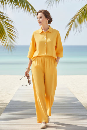 Cotton Linen Blouse Long Pants Set