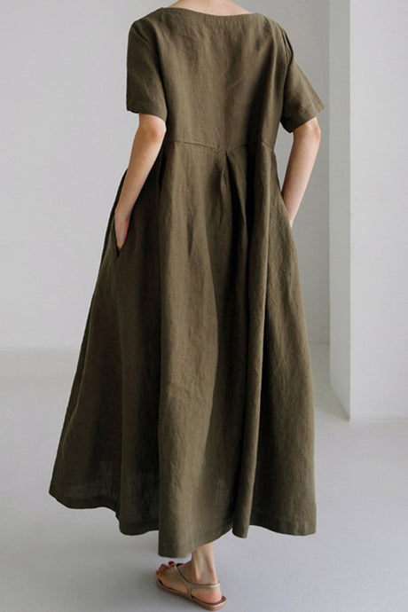 Cotton Linen Crew Neck Loose Midi Dress