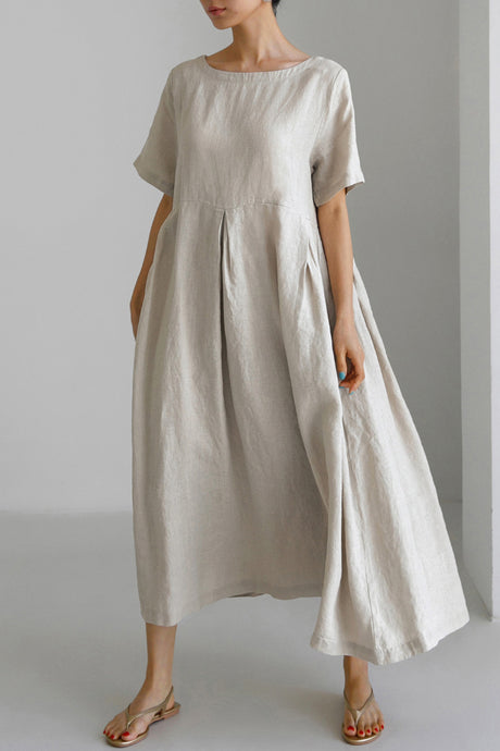 Cotton Linen Crew Neck Loose Midi Dress