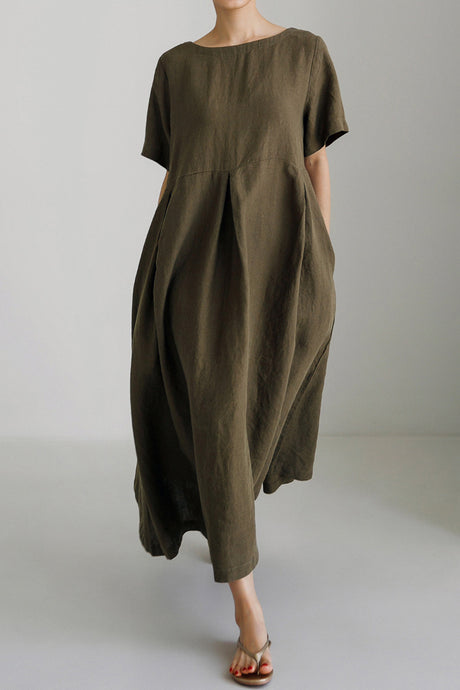 Cotton Linen Crew Neck Loose Midi Dress