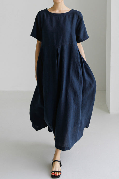 Cotton Linen Crew Neck Loose Midi Dress