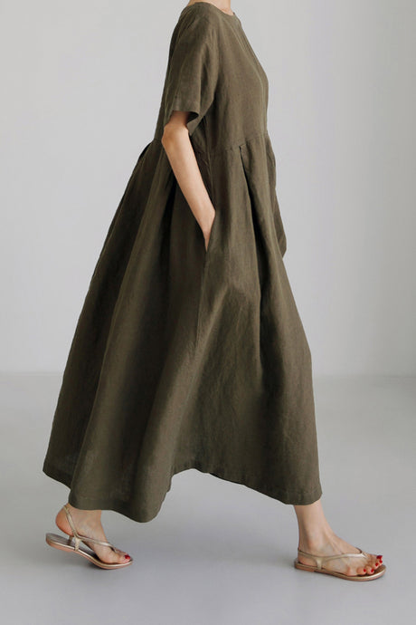 Cotton Linen Crew Neck Loose Midi Dress
