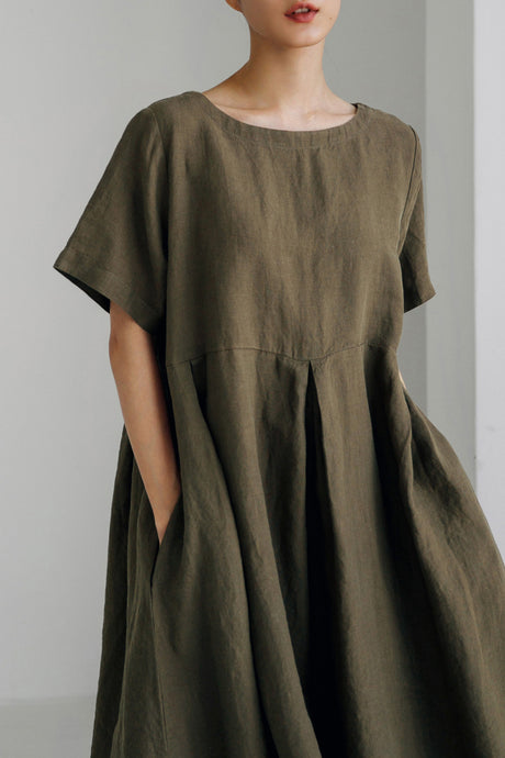 Cotton Linen Crew Neck Loose Midi Dress