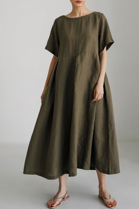 Cotton Linen Crew Neck Loose Midi Dress