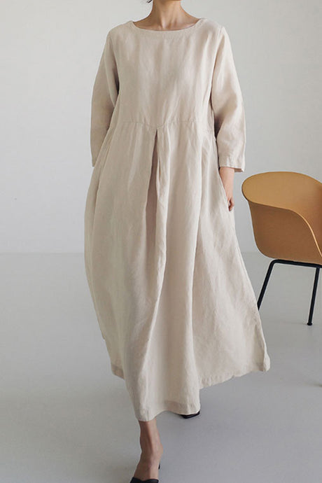 Cotton Linen Long Sleeve Loose Midi Dress
