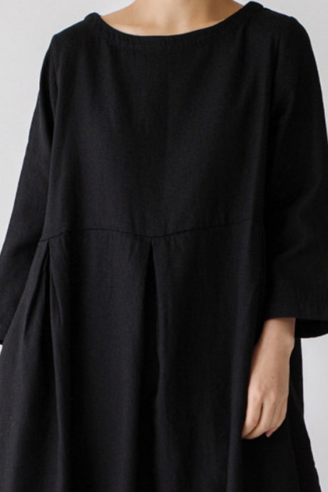 Cotton Linen Long Sleeve Loose Midi Dress
