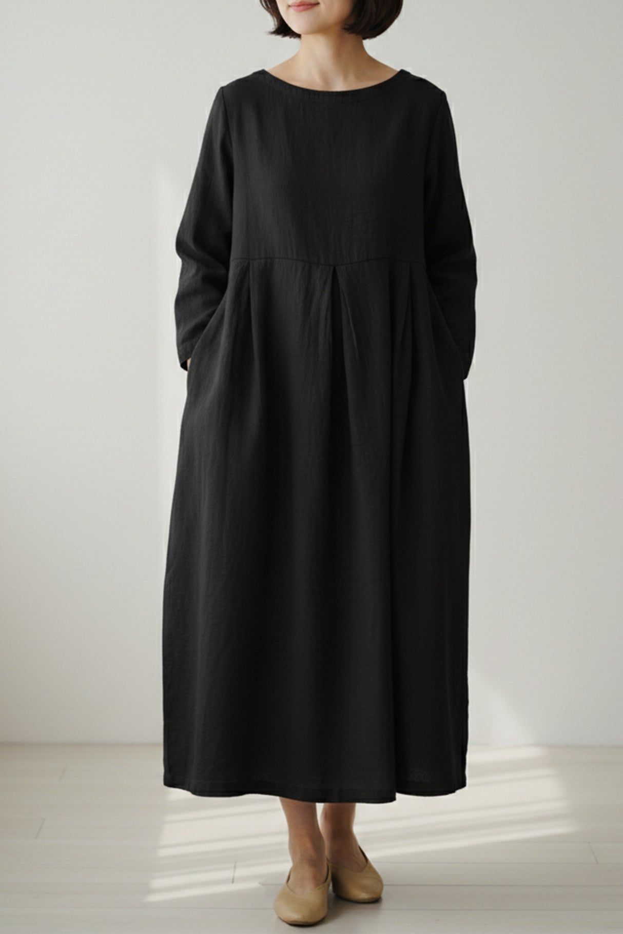 Cotton Linen Long Sleeve Loose Midi Dress