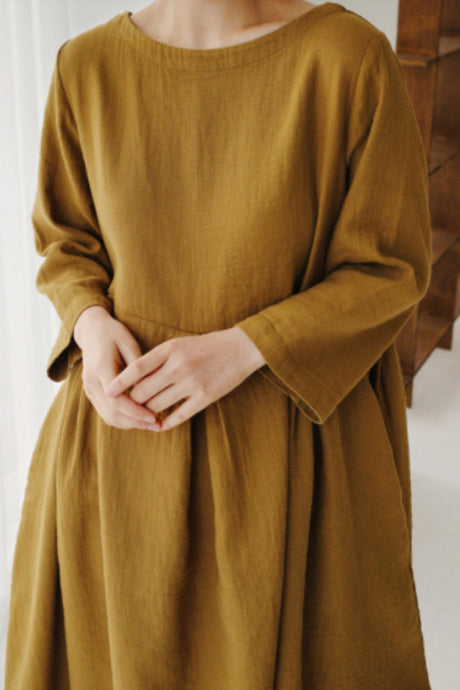 Cotton Linen Long Sleeve Loose Midi Dress