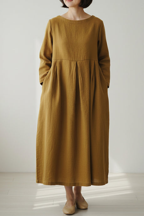 Cotton Linen Long Sleeve Loose Midi Dress