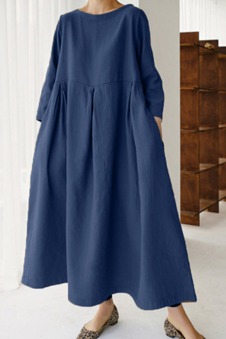 Cotton Linen Long Sleeve Loose Midi Dress