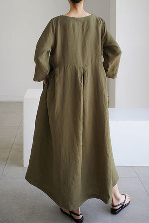 Cotton Linen Long Sleeve Loose Midi Dress