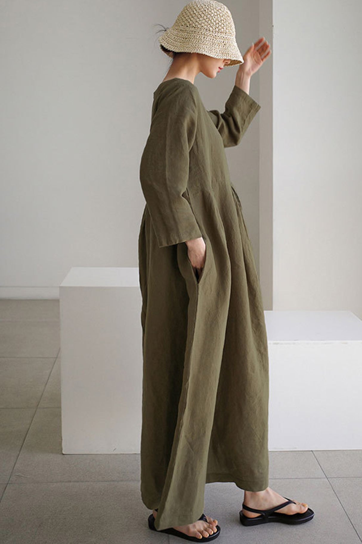 Cotton Linen Long Sleeve Loose Midi Dress