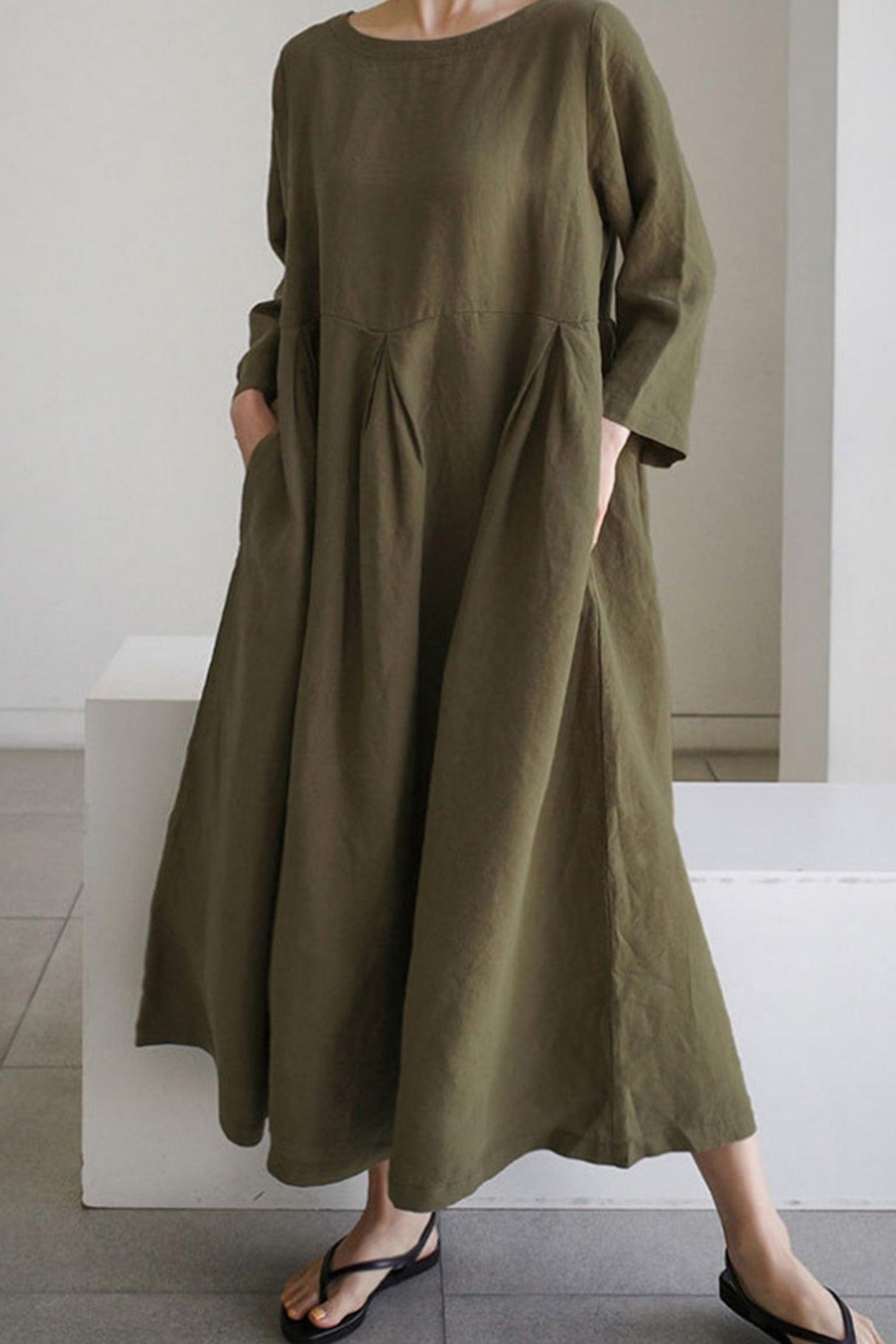 Cotton Linen Long Sleeve Loose Midi Dress