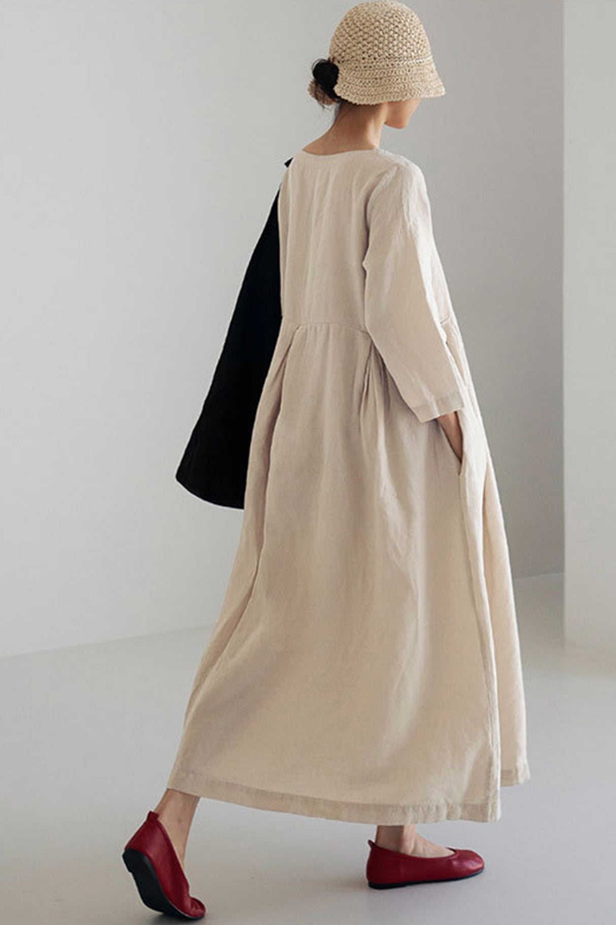 Cotton Linen Long Sleeve Loose Midi Dress