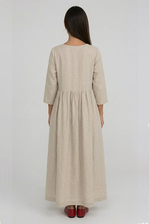 Cotton Linen Long Sleeve Loose Midi Dress