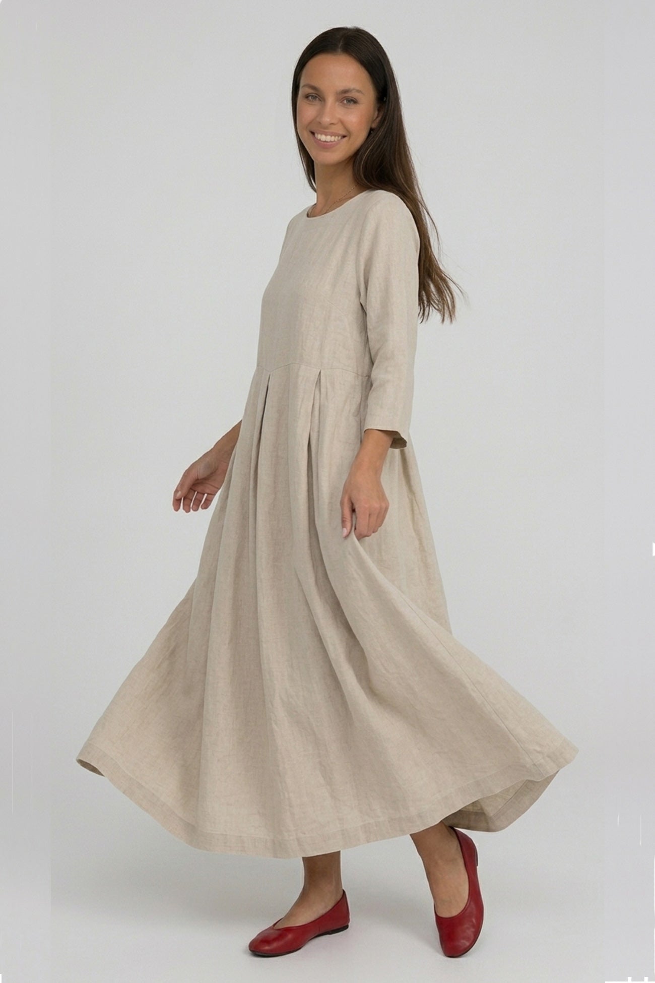 long sleeve cotton midi dress for women Women's Retro Cotton Linen Midi Dress Casual Long Sleeved Dress with Pleated Long Swing Skirt Fashion V-Neck DressDark BlueSmall at Amazon Women's Clothing store