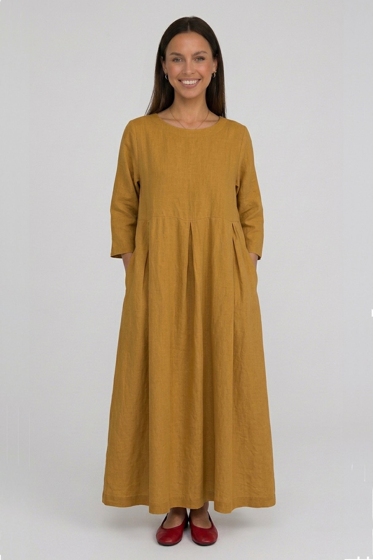 Cotton Linen Long Sleeve Loose Midi Dress