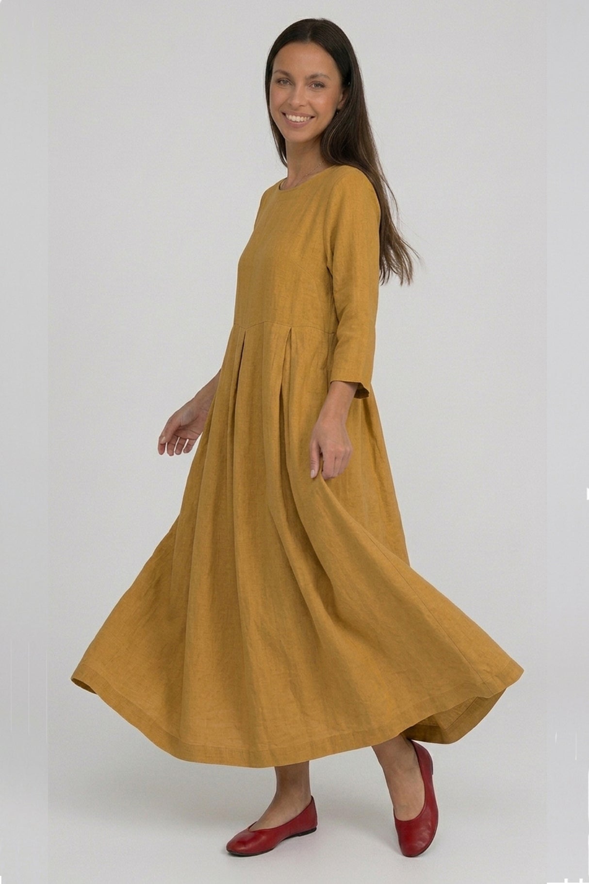 Cotton Linen Long Sleeve Loose Midi Dress – AROLORA