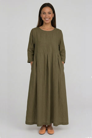 Cotton Linen Long Sleeve Loose Midi Dress
