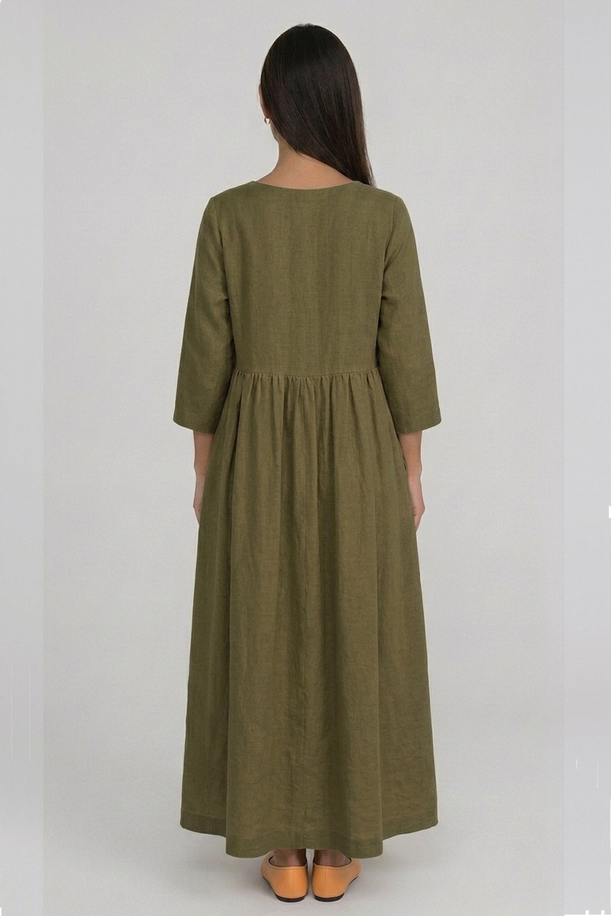 Cotton Linen Long Sleeve Loose Midi Dress